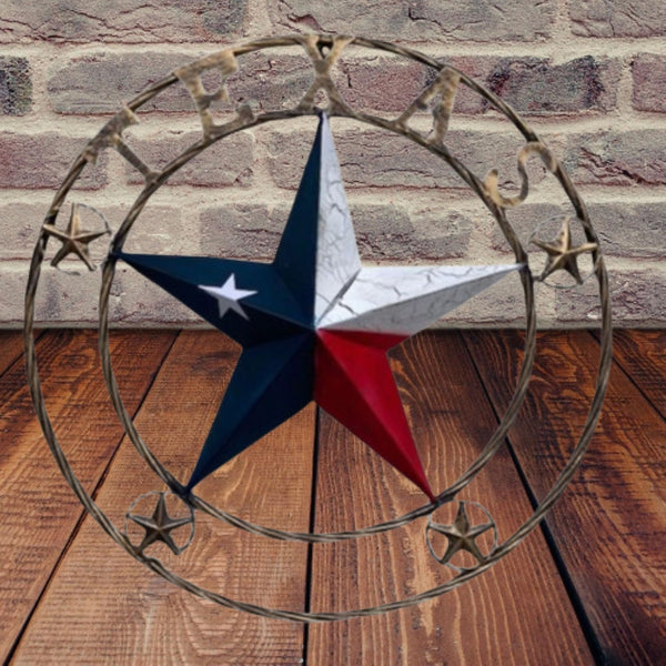 TEXAS CRACKLE STAR TWIST ROPE RING RED WHITE BLUE METAL STAR WESTERN HOME DECOR HANDMADE NEW #EH13051