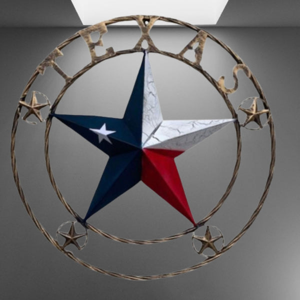 TEXAS CRACKLE STAR TWIST ROPE RING RED WHITE BLUE METAL STAR WESTERN HOME DECOR HANDMADE NEW #EH13051
