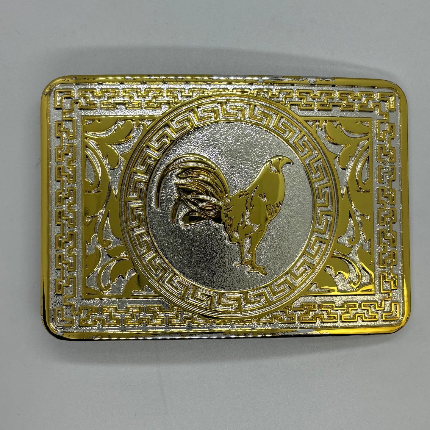ROOSTER BELT BUCKLE GOLD WHITE WESTERN METAL BUCKLE FASHION ART 4.5" X 3.5"  #EH13237