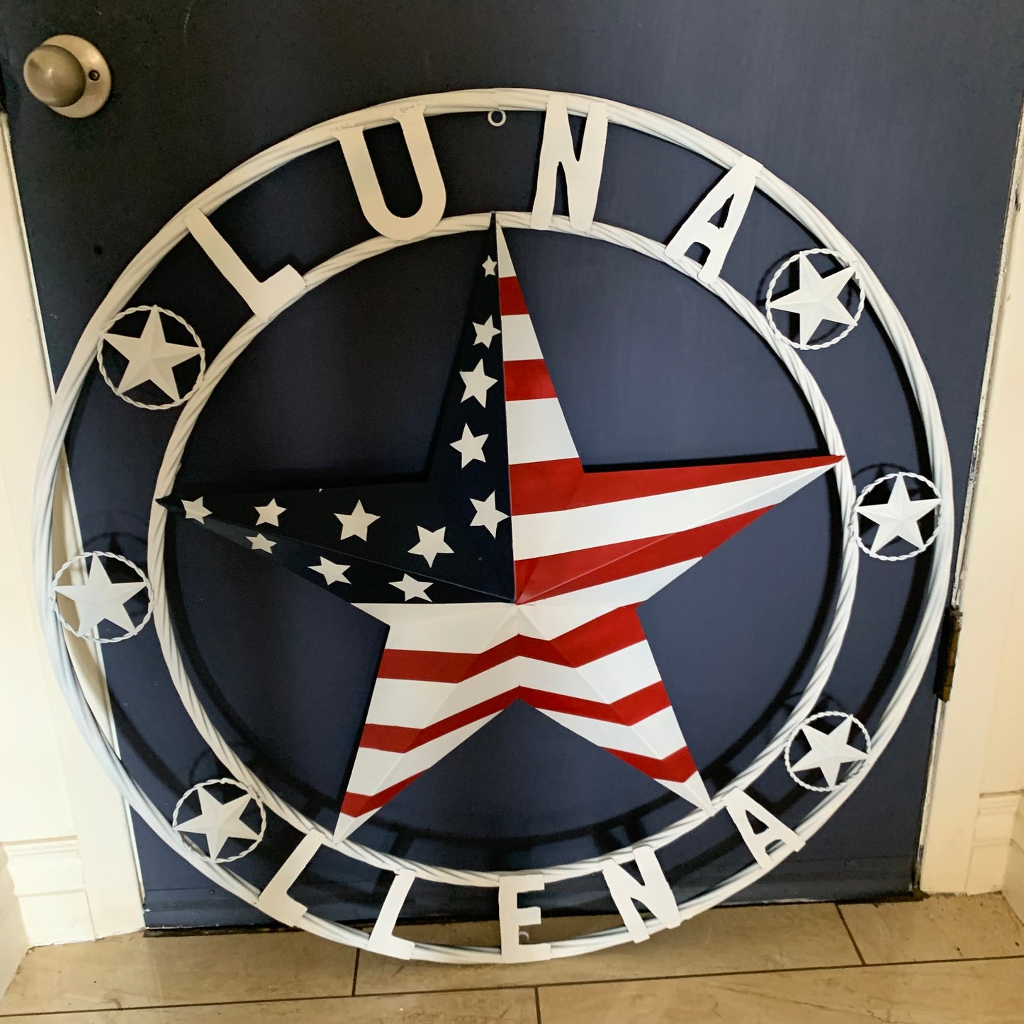 LUNA STYLE CUSTOM NAME BARN STAR METAL STAR 3d TWISTED ROPE RING WESTERN HOME DECOR USA FLAG STAR RED WHOTE & BLUE WITH WHITE RING HANDMADE 24",32",36",50"