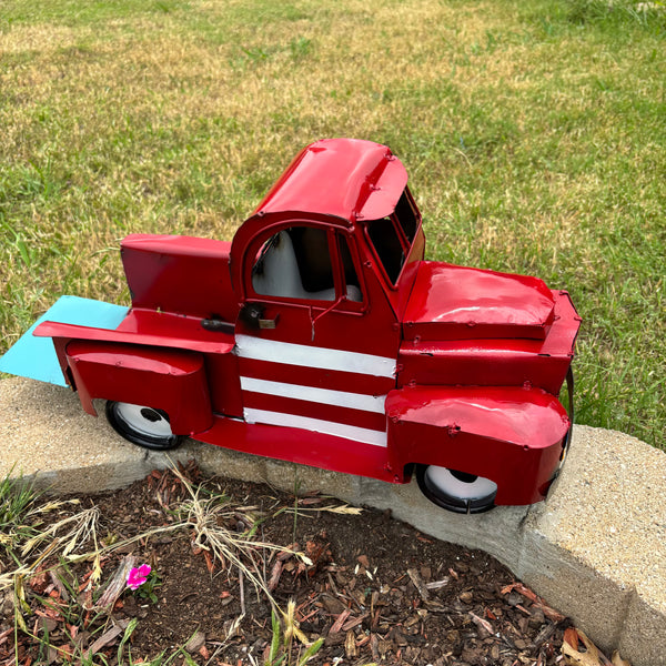 USA FLAG TRUCK 24" PICKUP PATRIOTIC TRUCK RED WHITE TAIL DOWN METAL GARDEN ART FIGURINE WESTERN HOME DECOR HANDMADE #EH12855