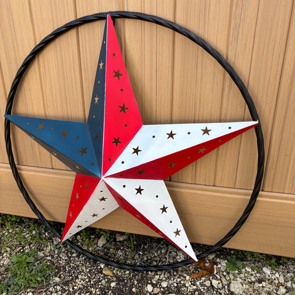 24" RED WHITE BLUE STAR USA FLAG STAR WITH SMALL STAR CUTOUT WESTERN HOME DECOR HANDMADE# EH12312