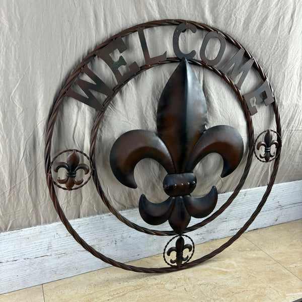 24" WELCOME FLEUR DE LIS METAL WALL ART WESTERN HOME DECOR BROWN NEW #EH11997