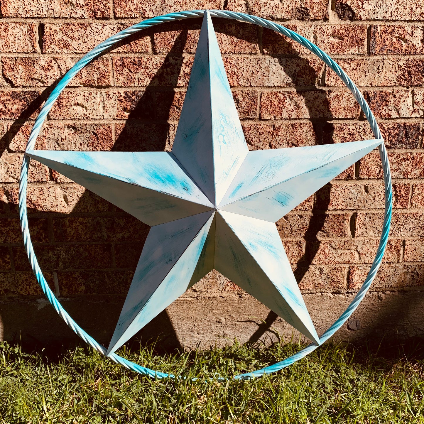 #EH11219 TURQUOISE WHITE DISTRESSED STAR TWO TONE TEXTURE BARN STAR METAL LONESTAR TWISTED ROPE RING WESTERN HOME DECOR HANDMADE NEW