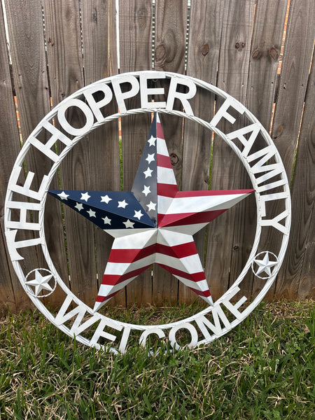 HOPPER STYLE YOUR CUSTOM NAME STAR METAL BARN 3d RED WHITE BLUE USA FLAG WITH WHITE TWIST ROPE RING WESTERN HOME DECOR HANDMADE, 24",36",40"