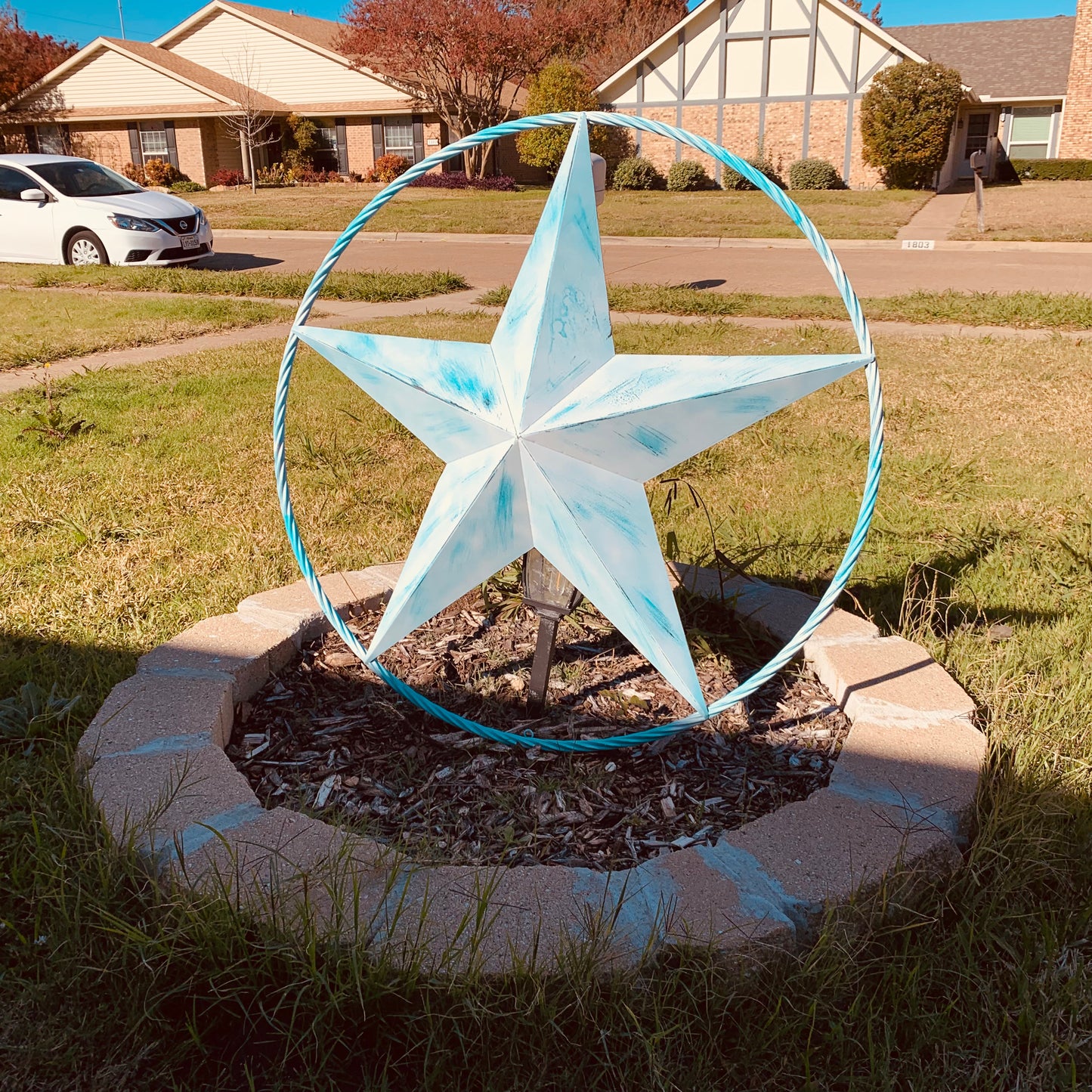 #EH11219 TURQUOISE WHITE DISTRESSED STAR TWO TONE TEXTURE BARN STAR METAL LONESTAR TWISTED ROPE RING WESTERN HOME DECOR HANDMADE NEW