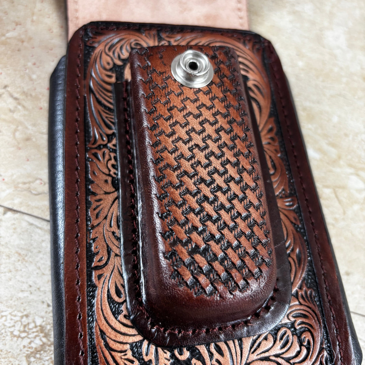 LONGHORN LEATHER HOLSTER 7" PHONE POUCH WITH KNIFE HOLDER FRONT EXTRA LARGE  BELT LOOP CELL PHONE CASE UNIVERSAL OVERSIZE MEXICO MADE #EH13806