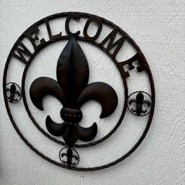 24" WELCOME FLEUR DE LIS METAL WALL ART WESTERN HOME DECOR BROWN NEW #EH11997