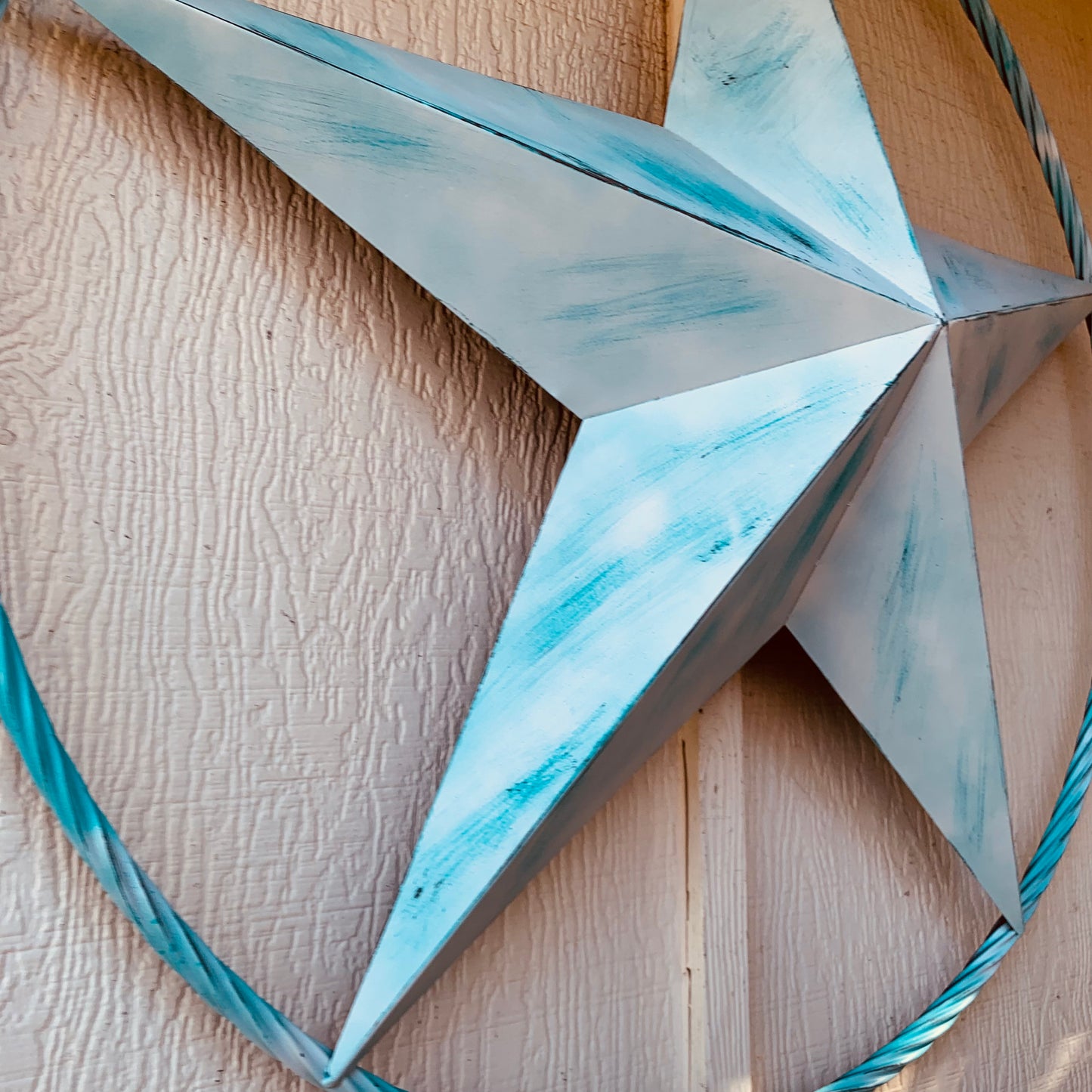 #EH11219 TURQUOISE WHITE DISTRESSED STAR TWO TONE TEXTURE BARN STAR METAL LONESTAR TWISTED ROPE RING WESTERN HOME DECOR HANDMADE NEW