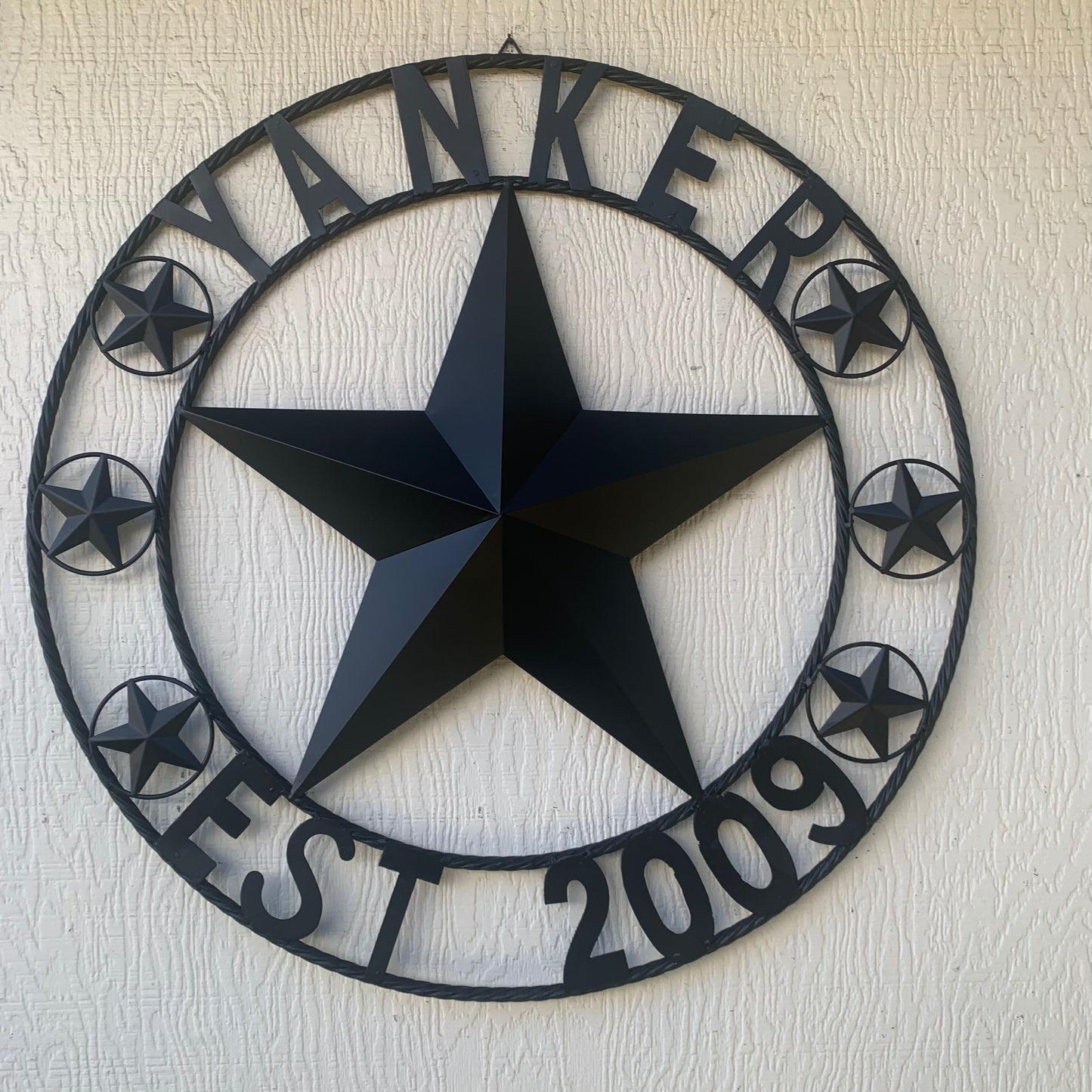 YANKER STYLE CUSTOM NAME STAR BARN METAL STAR 3d TWISTED ROPE RING WESTERN HOME DECOR RUSTIC BLACK HANDMADE 24",32",36",50"