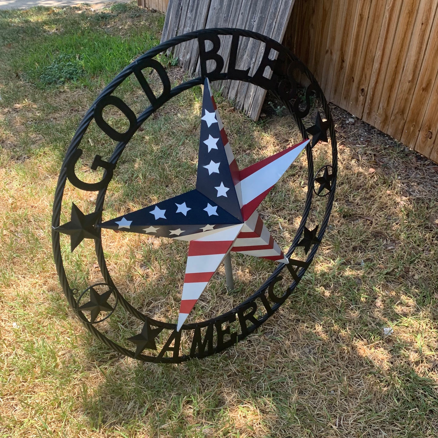 GOD BLESS AMERICA USA FLAG 3d STAR METAL BARN STAR BLACK TWISTED ROPE RING WALL ART WESTERN HOME DECOR RED WHITE & BLUE HANDMADE NEW #EH10490
