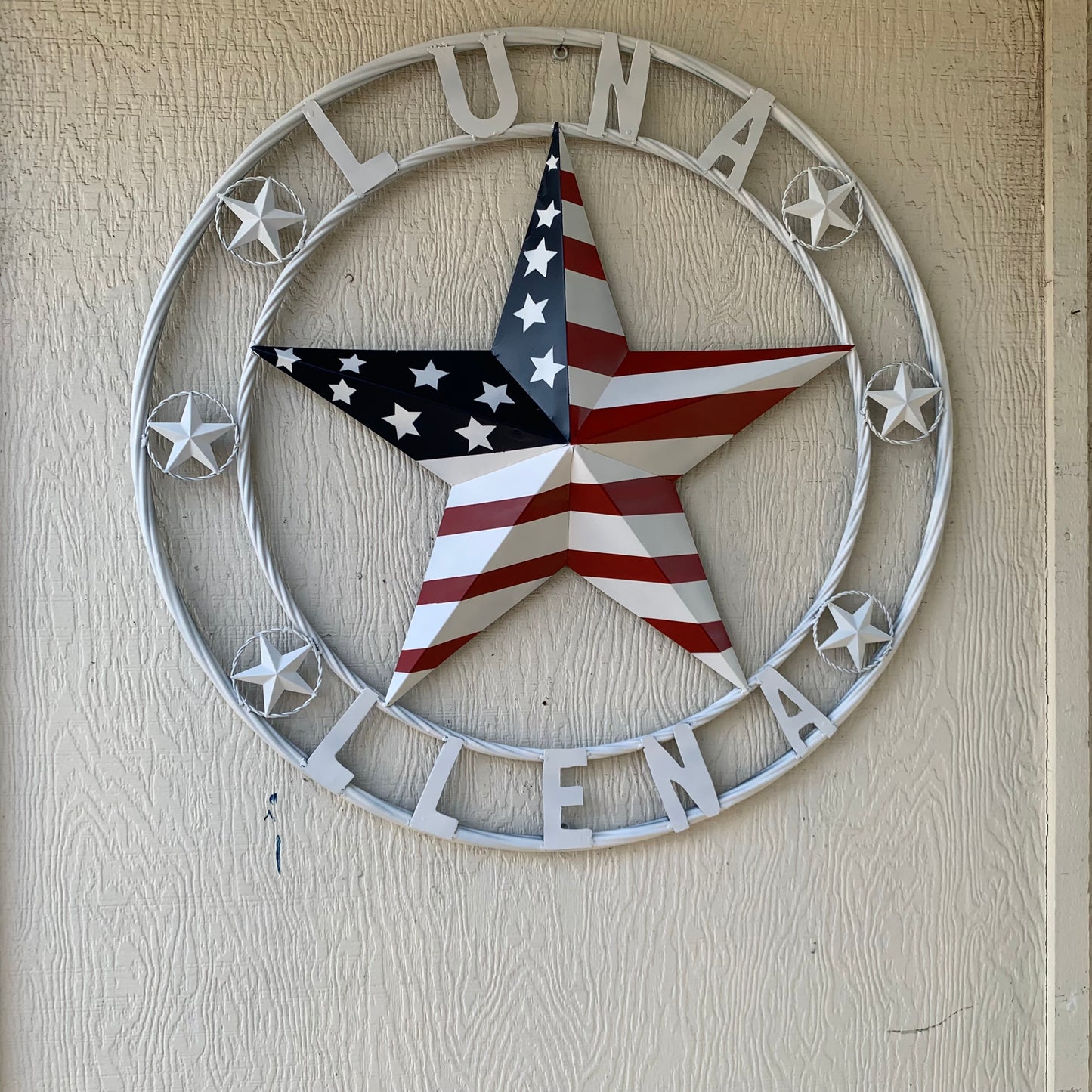 LUNA STYLE CUSTOM NAME BARN STAR METAL STAR 3d TWISTED ROPE RING WESTERN HOME DECOR USA FLAG STAR RED WHOTE & BLUE WITH WHITE RING HANDMADE 24",32",36",50"