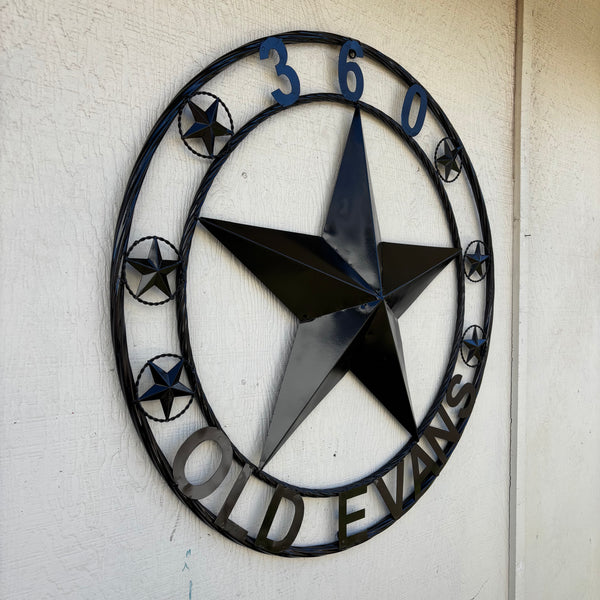 360 OLD EVANS STYLE CUSTOM STAR NAME BARN METAL STAR 3d TWISTED ROPE RING WESTERN HOME DECOR RUSTIC BLACK HANDMADE 24",32",36",50"