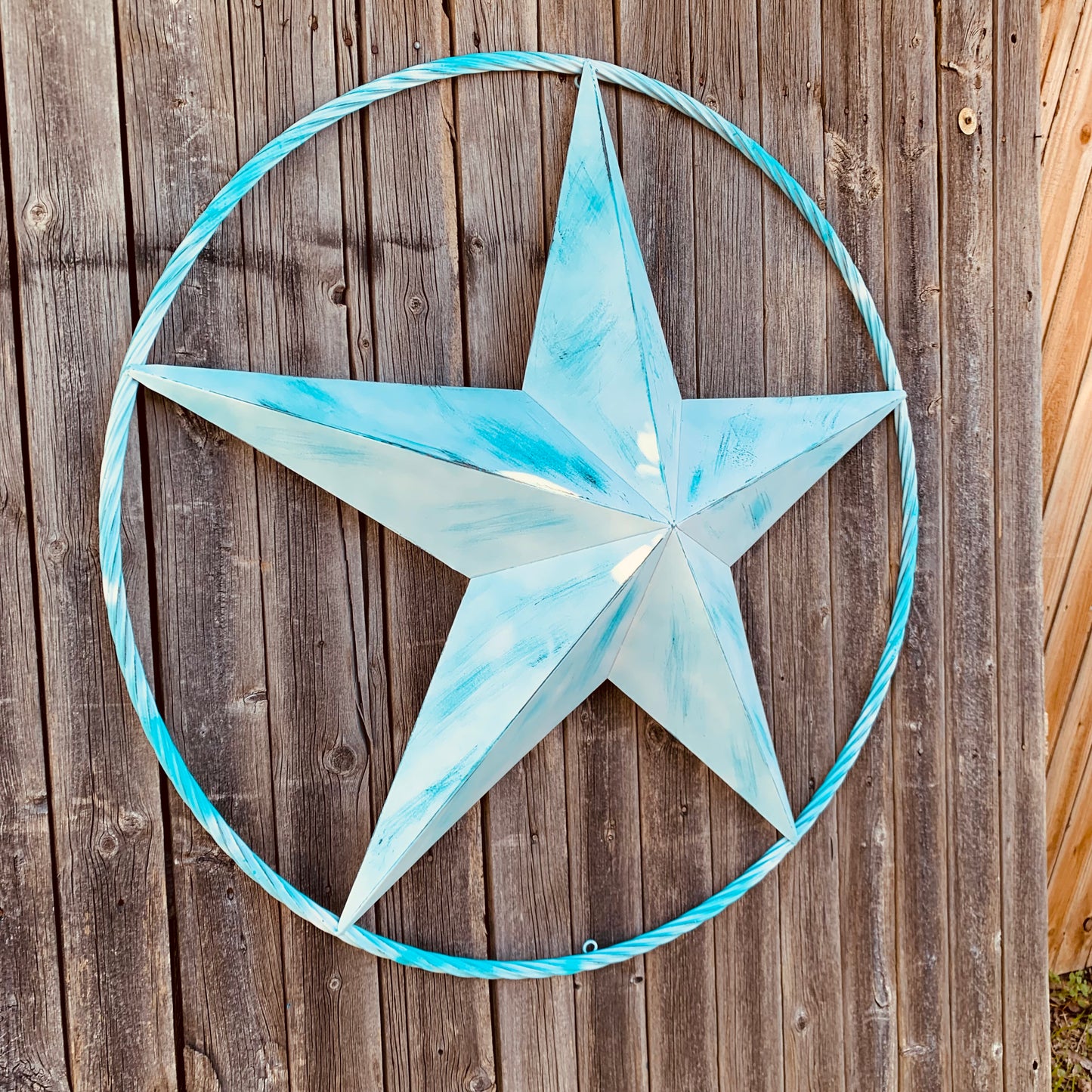 #EH11219 TURQUOISE WHITE DISTRESSED STAR TWO TONE TEXTURE BARN STAR METAL LONESTAR TWISTED ROPE RING WESTERN HOME DECOR HANDMADE NEW