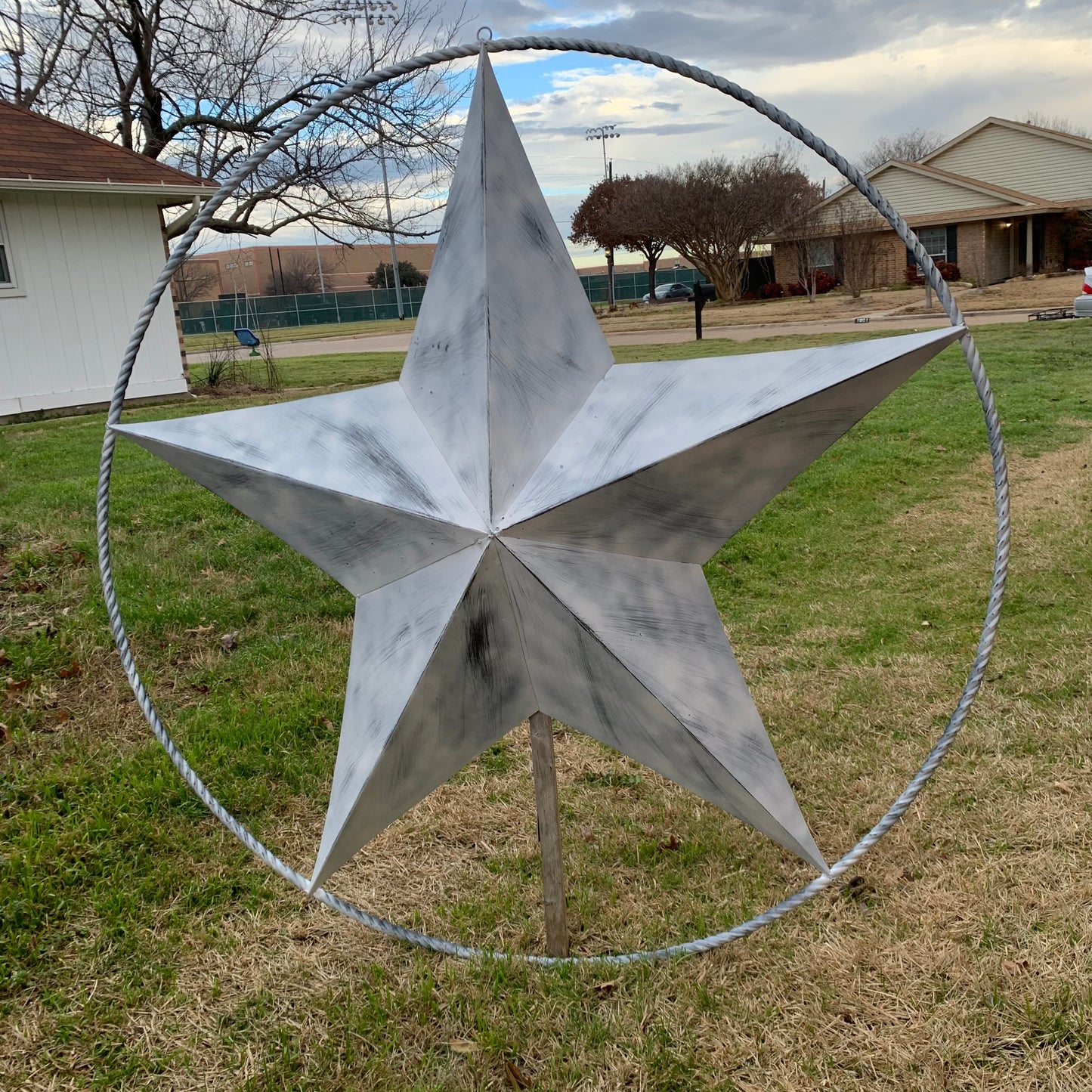 5 FOOT WHITE DISTRESSED STAR TWO TONE TEXTURE BARN STAR METAL LONESTAR TWISTED ROPE RING WESTERN HOME DECOR HANDMADE NEW