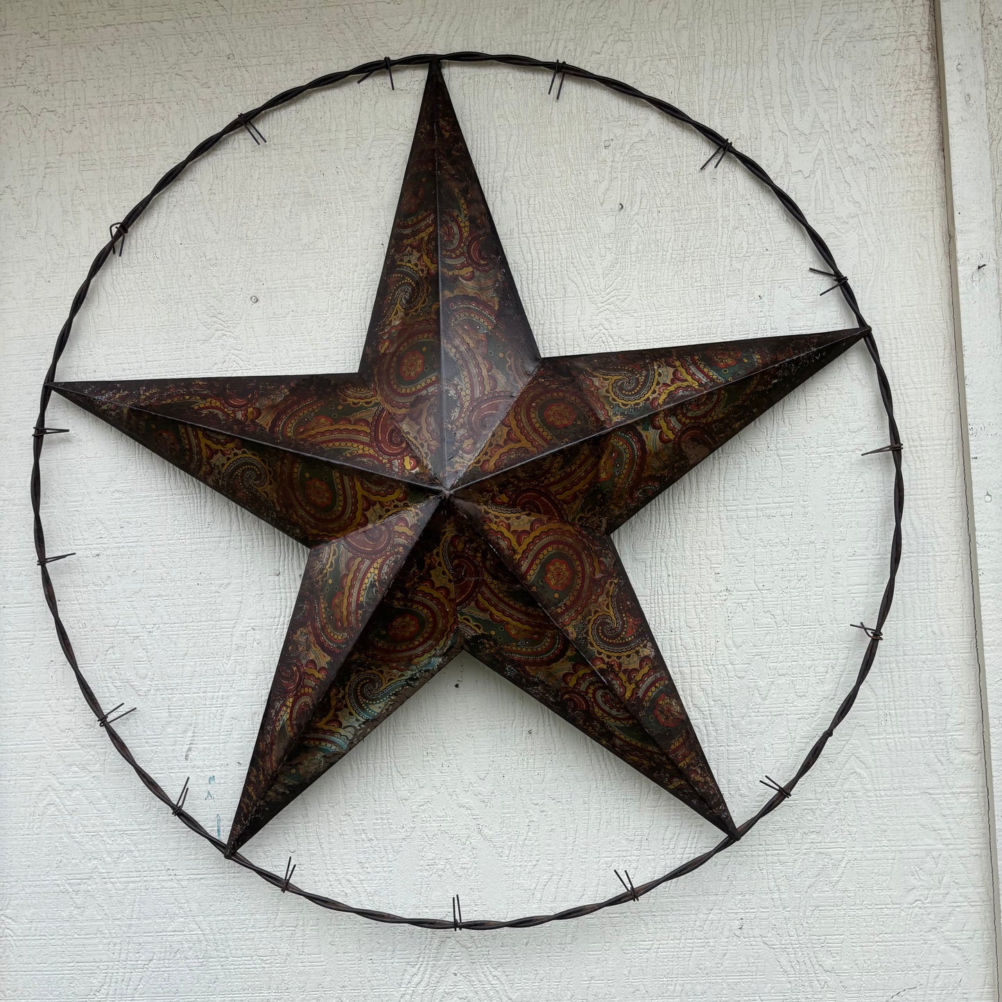 PAISLEY BARN STAR MULTI CLOR WITH BARBWIRE RING LONESTAR WESTERN HOME DECOR HANDMADE
