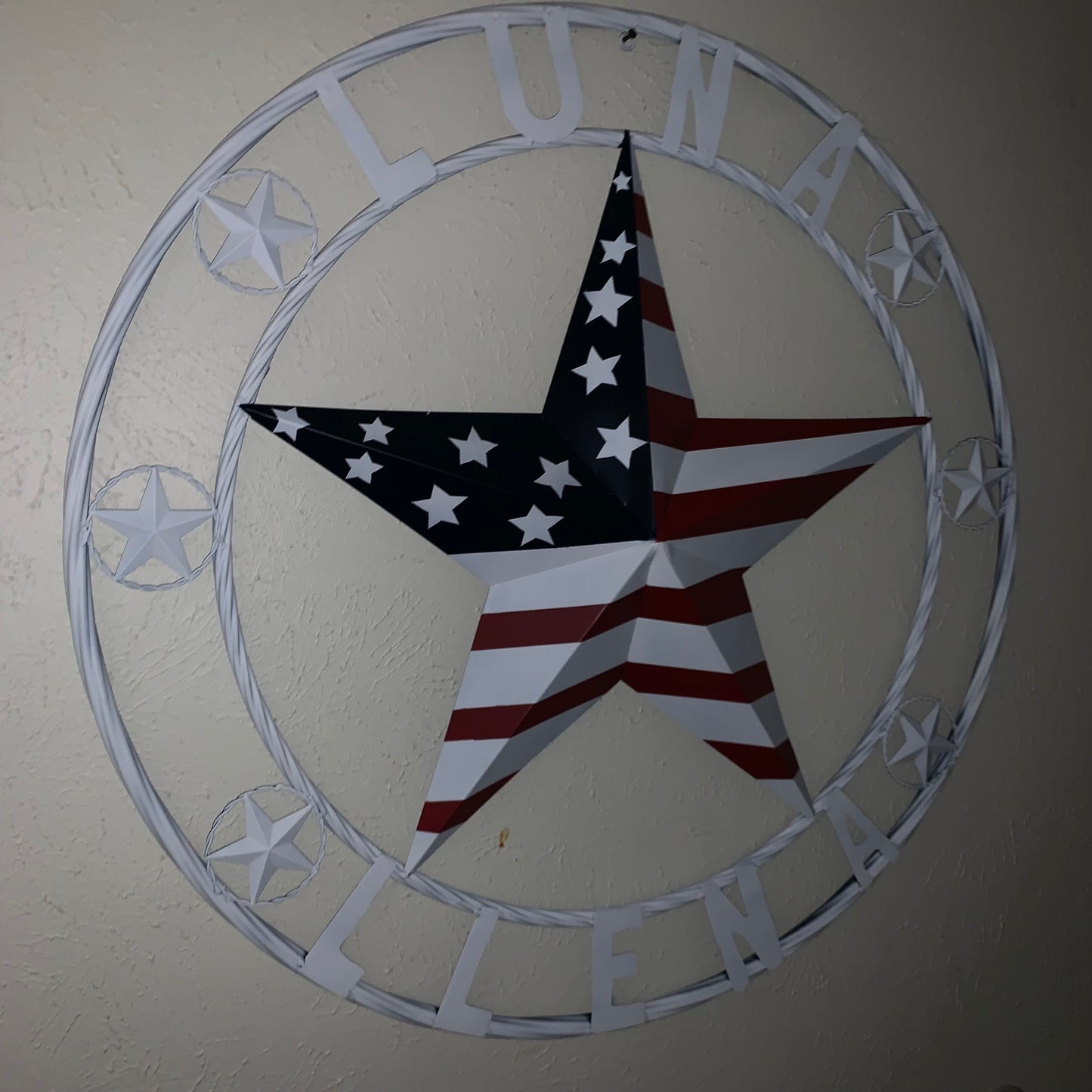 LUNA STYLE CUSTOM NAME BARN STAR METAL STAR 3d TWISTED ROPE RING WESTERN HOME DECOR USA FLAG STAR RED WHOTE & BLUE WITH WHITE RING HANDMADE 24",32",36",50"