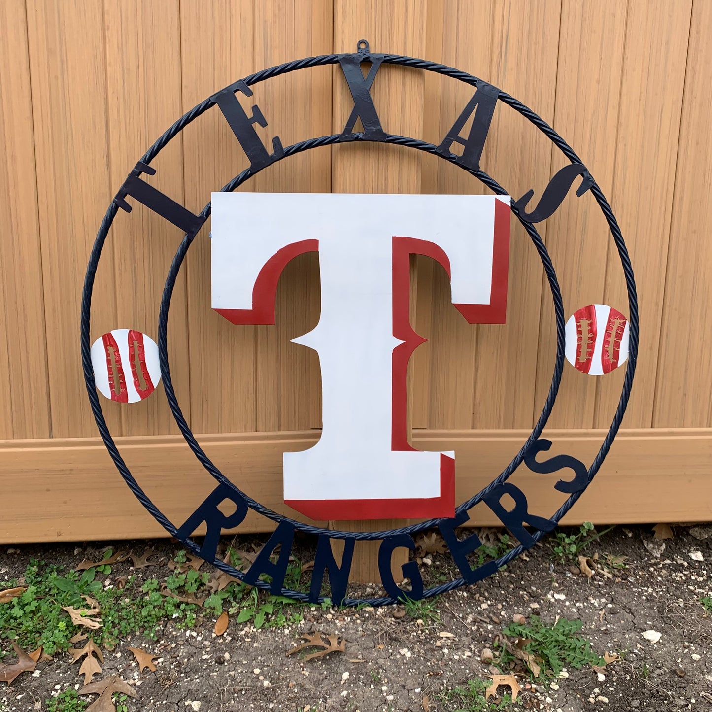 TEXAS RANGERS CUSTOM METAL VINTAGE CRAFT TEAM SIGN WHITE & RED & NAVY BLUE RING HANDMADE