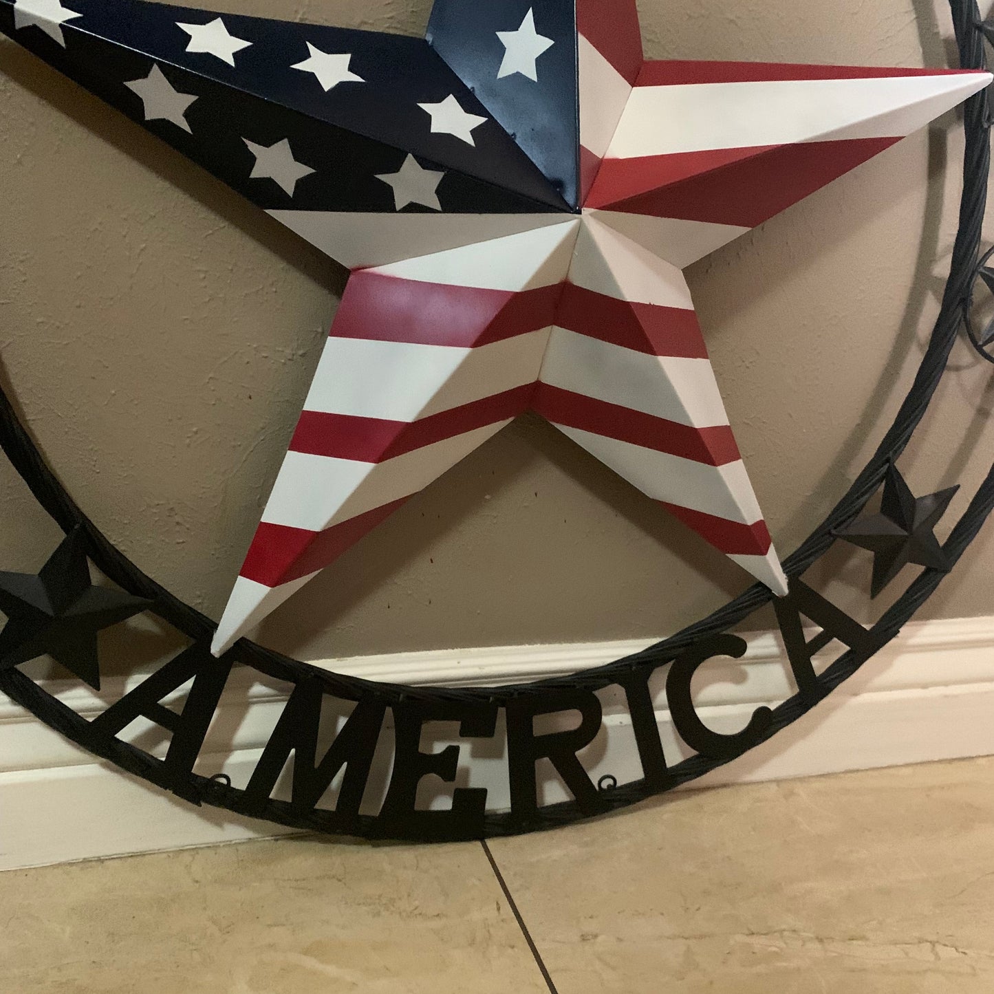 GOD BLESS AMERICA USA FLAG 3d STAR METAL BARN STAR BLACK TWISTED ROPE RING WALL ART WESTERN HOME DECOR RED WHITE & BLUE HANDMADE NEW #EH10490
