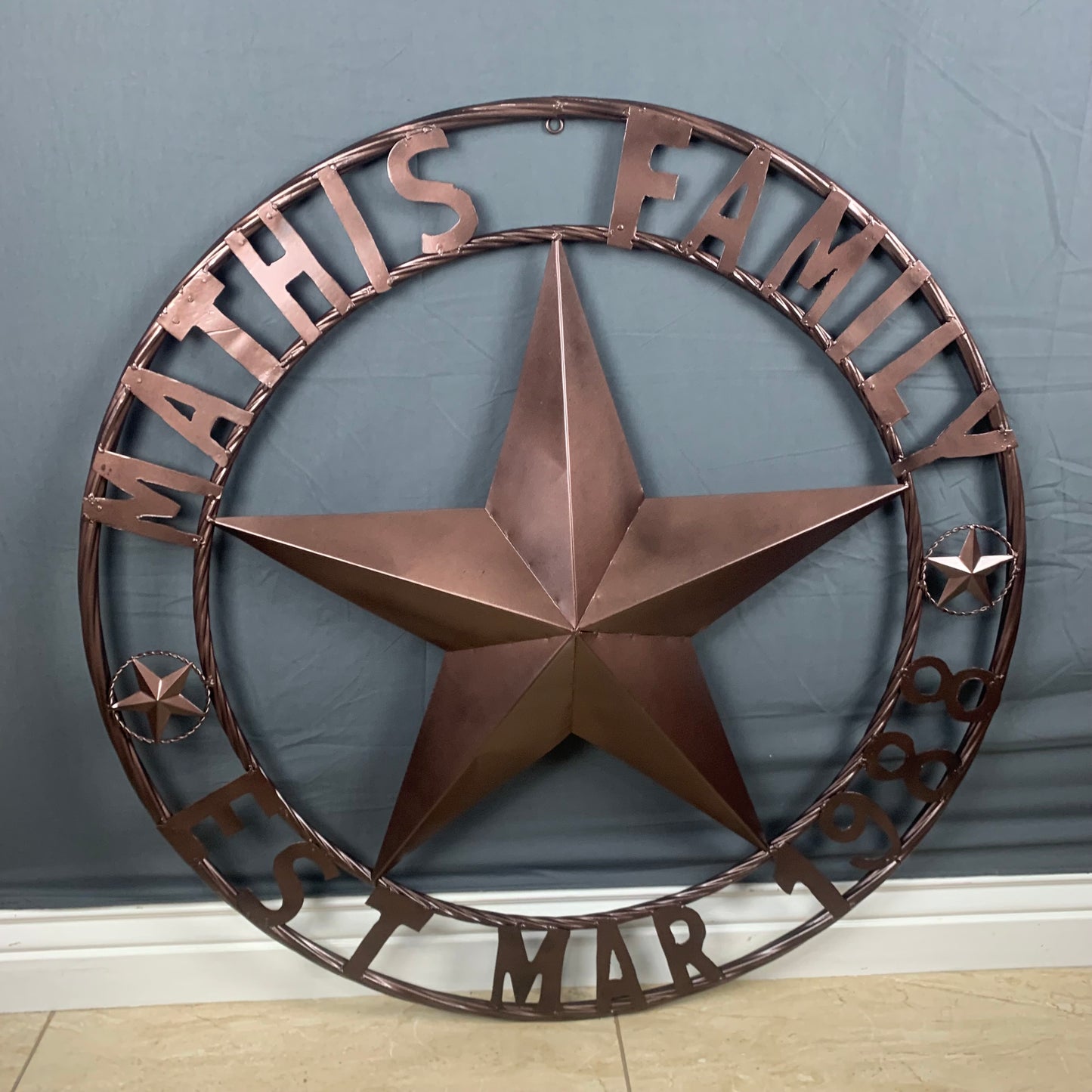 MATHIS STYLE CUSTOM NAME STAR BARN STAR 3d METAL LONESTAR TWISTED ROPE RING WESTERN HOME DECOR RUSTIC BRONZE COPPER HANDMADE 24",32",36",50"