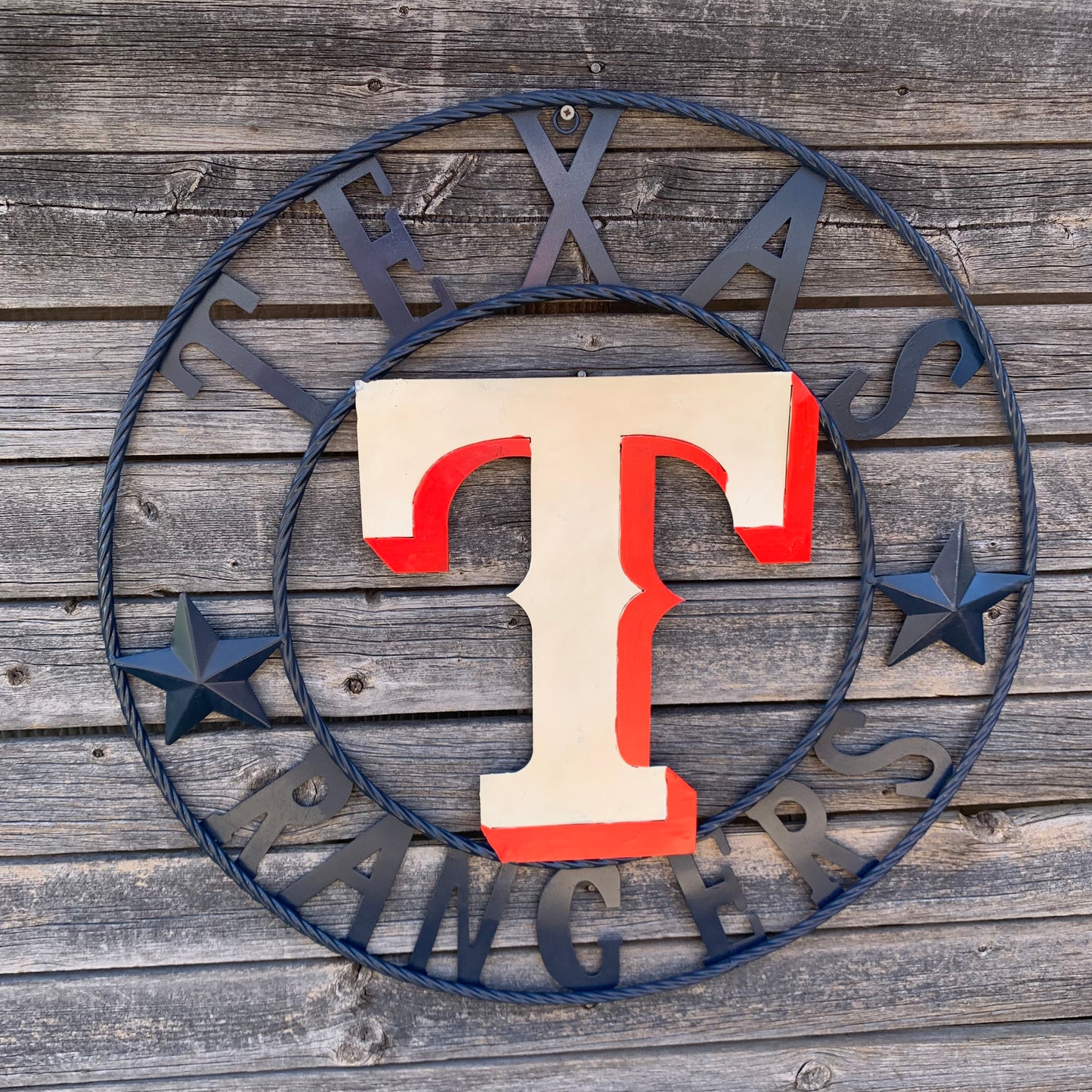 12", 18", 24", 32" TEXAS RANGERS BARN CUSTOM METAL VINTAGE CRAFT SIGN TEAM  WHITE & RED & NAVY BLUE RING & STAR HANDMADE