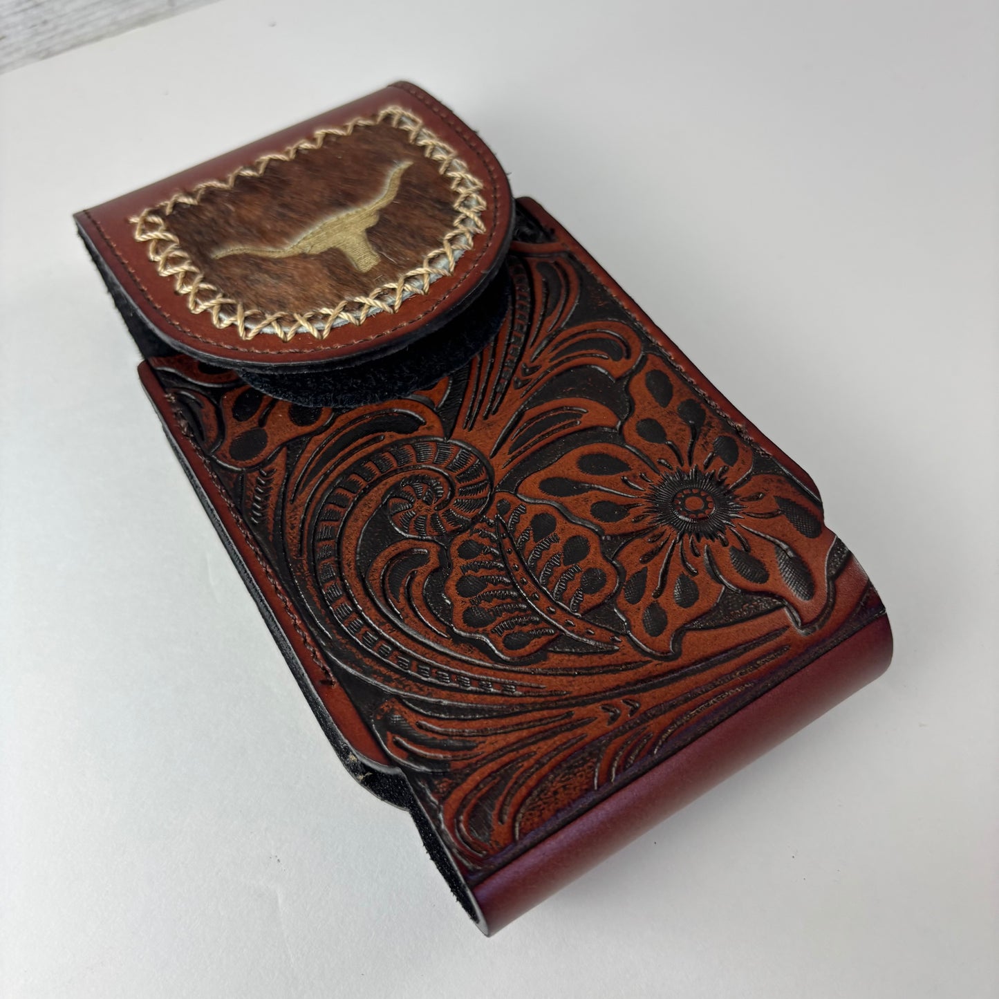 7" LONGHORNS LEATHER HOLSTER BROWN POUCH EXTRA LARGE  BELT LOOP CELL PHONE CASE UNIVERSAL OVERSIZE #EH13321