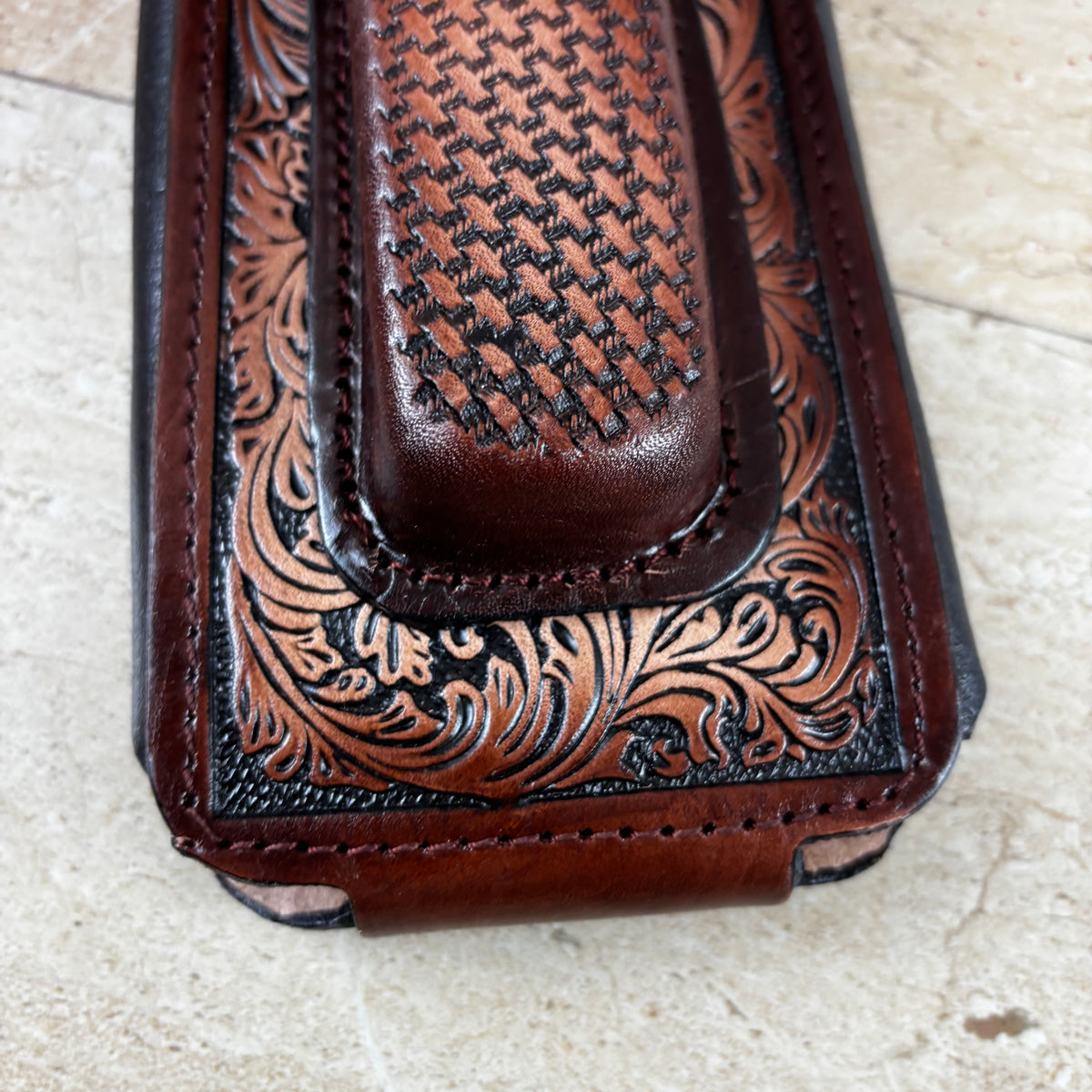 LEAF LEATHER HOLSTER 7" PHONE POUCH WITH KNIFE HOLDER FRONT EXTRA LARGE  BELT LOOP CELL PHONE CASE UNIVERSAL OVERSIZE MEXICO MADE #EH13863