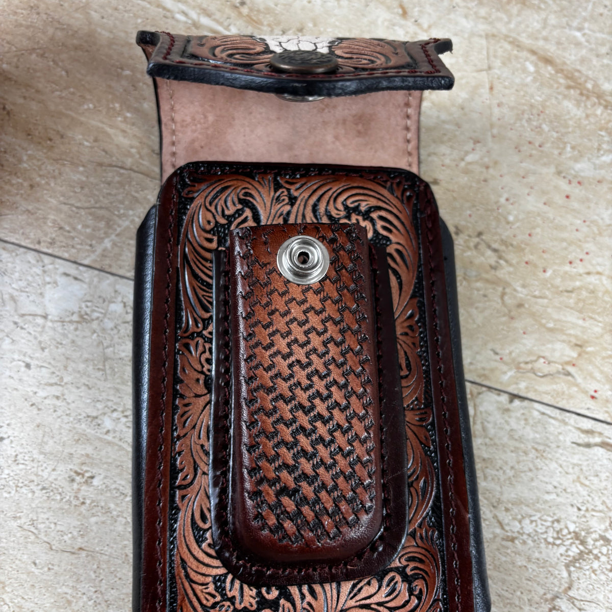 COWBOY BOOT HAT ROPING LEATHER HOLSTER 7" PHONE POUCH WITH KNIFE HOLDER FRONT EXTRA LARGE  BELT LOOP CELL PHONE CASE UNIVERSAL OVERSIZE MADE IN MEXICO #EH13862