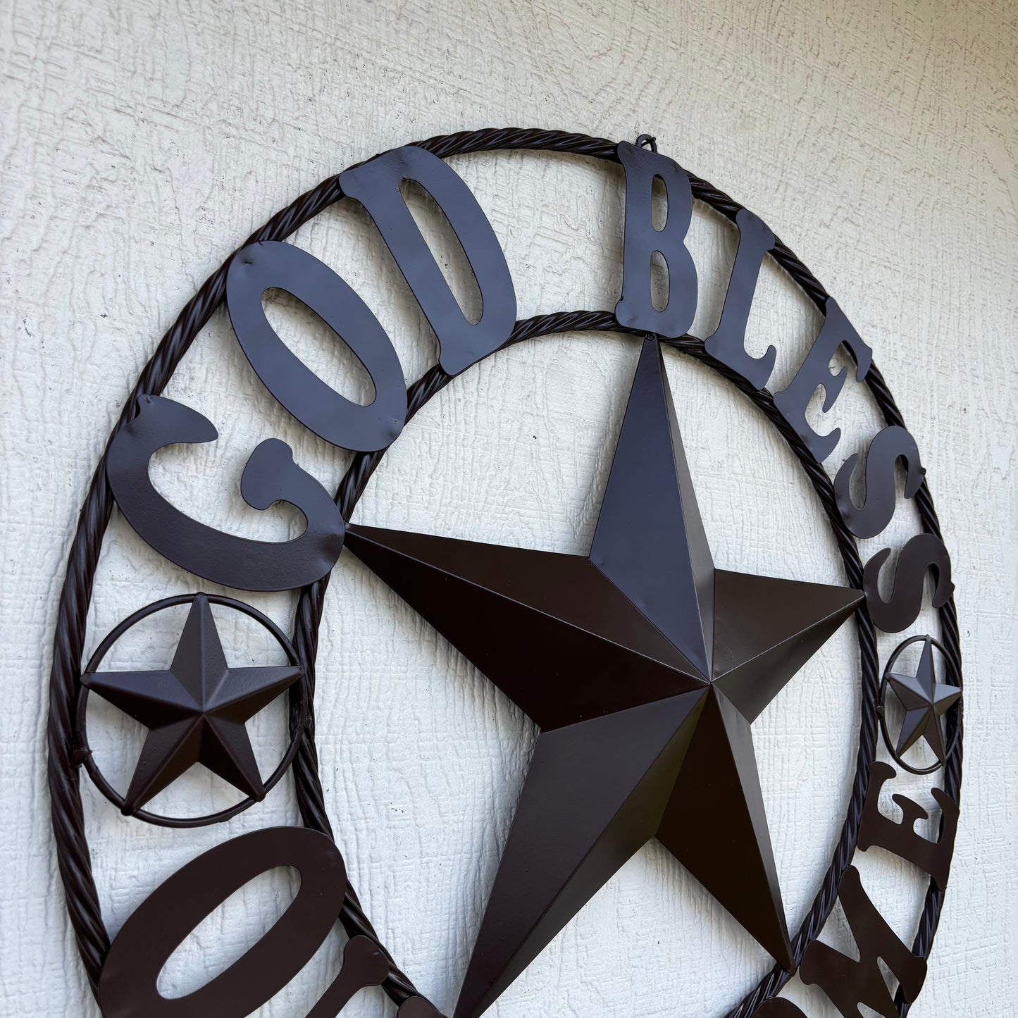 GOD BLESS OUR HOME BLACK BARN STAR METAL LONE STAR TWISTED ROPE RING WESTERN HOME DECOR HANDMADE #EH10941