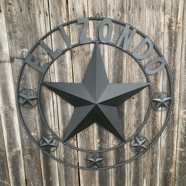 ELIZONDO STYLE CUSTOM NAME STAR BARN METAL STAR 3d TWISTED ROPE RING WESTERN HOME DECOR RUSTIC BLACK HANDMADE 24",32",36",50"