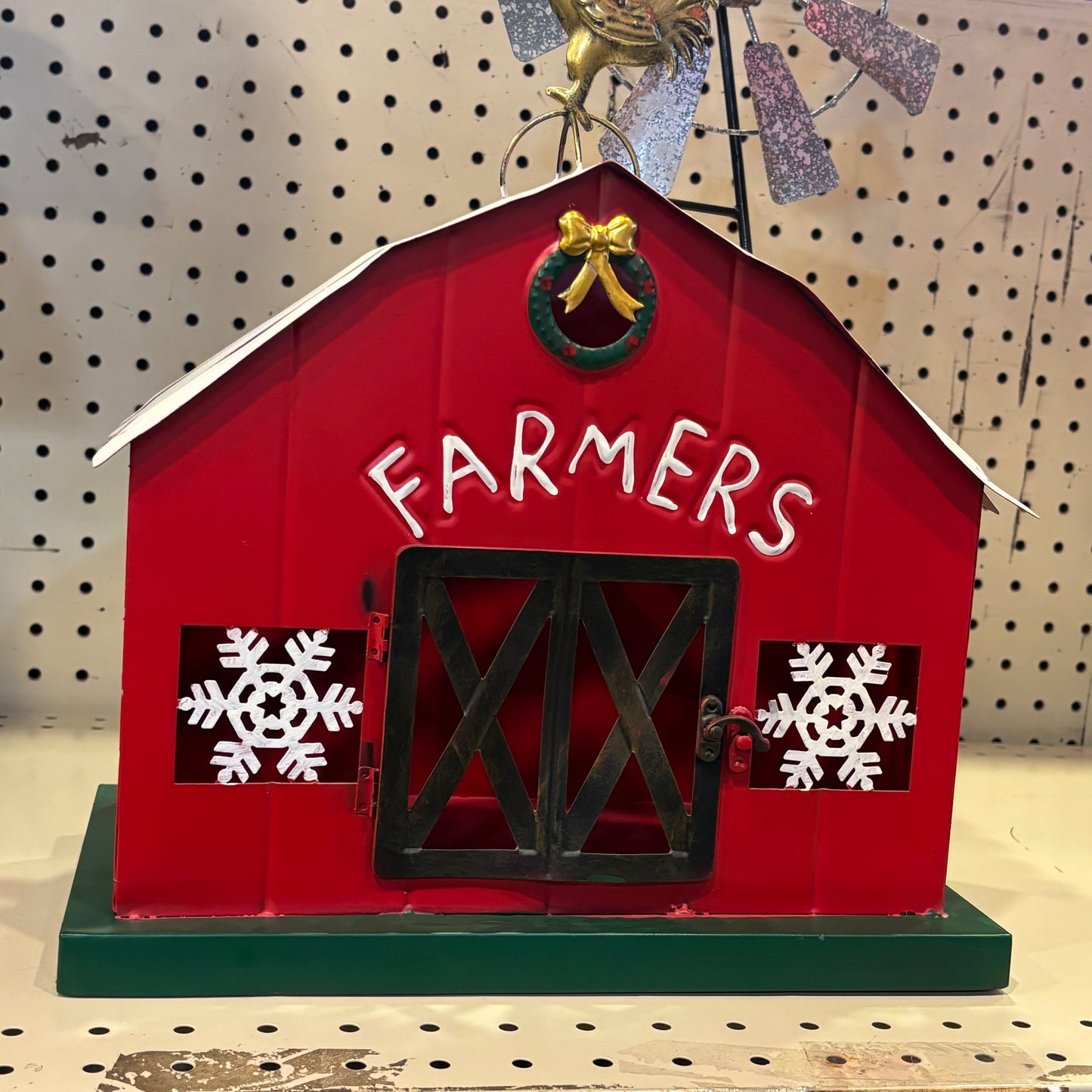 FARMERS CHRISTMAS RED BARN 13" x 20" x 7" METAL WESTERN HOME DECOR HANDMADE #EH13586