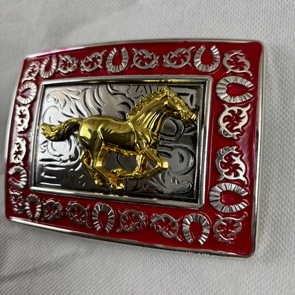 HORSE BELT BUCKLE GOLD SILVER & RED OUTLINE WESTERN METAL BUCKLE FASHION ART 4.5" X 3.5"  #EH12265