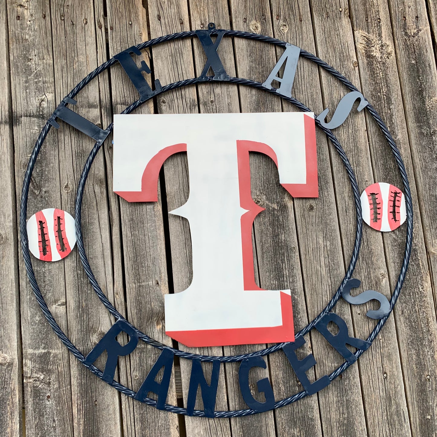 TEXAS RANGERS CUSTOM METAL VINTAGE CRAFT TEAM SIGN WHITE & RED & NAVY BLUE RING HANDMADE