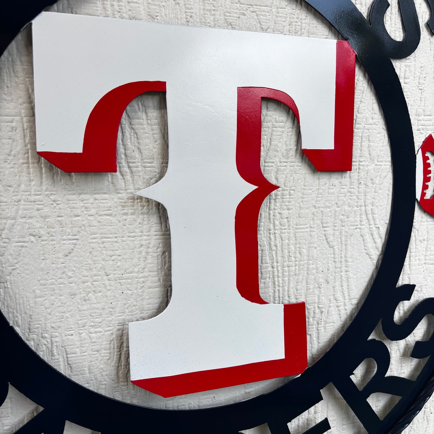 TEXAS RANGERS CUSTOM METAL VINTAGE CRAFT TEAM SIGN WHITE & RED & NAVY BLUE RING HANDMADE