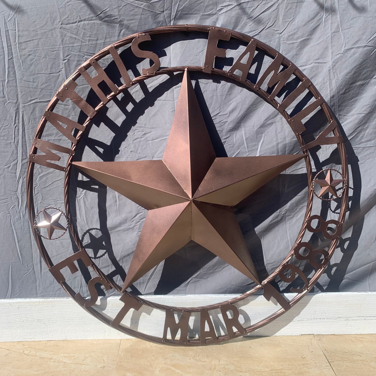 MATHIS STYLE CUSTOM NAME STAR BARN STAR 3d METAL LONESTAR TWISTED ROPE RING WESTERN HOME DECOR RUSTIC BRONZE COPPER HANDMADE 24",32",36",50"