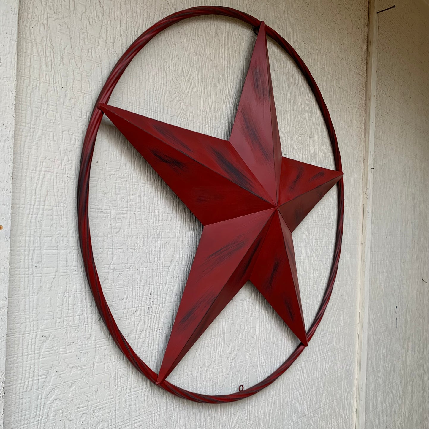 RED DISTRESSED STAR TWO TONE TEXTURE BARN STAR METAL LONESTAR TWISTED ROPE RING WESTERN HOME DECOR HANDMADE NEW #EH12958