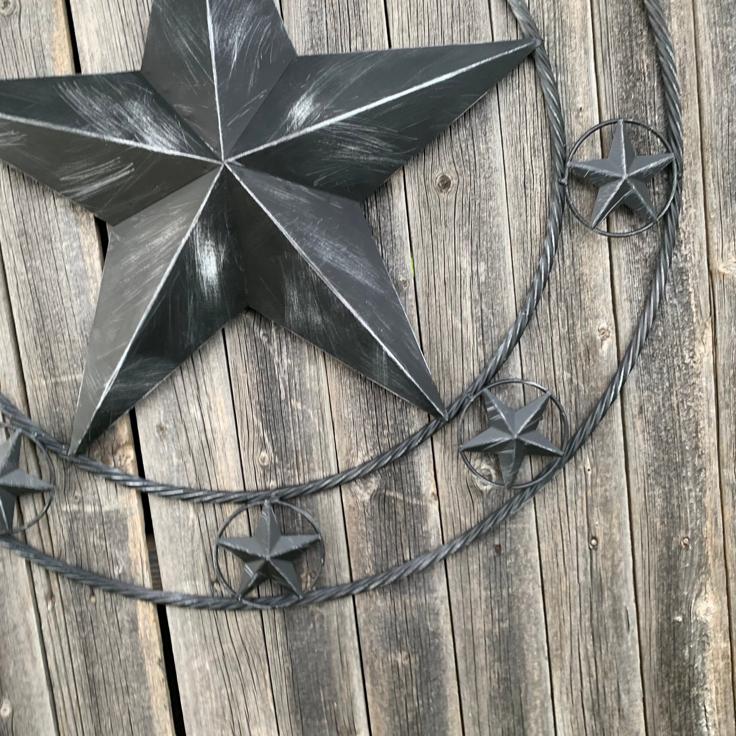 TEXAS BLACK DISTRESSED STAR TWO TONE TEXTURE BARN STAR METAL LONESTAR TWISTED ROPE RING WESTERN HOME DECOR HANDMADE NEW