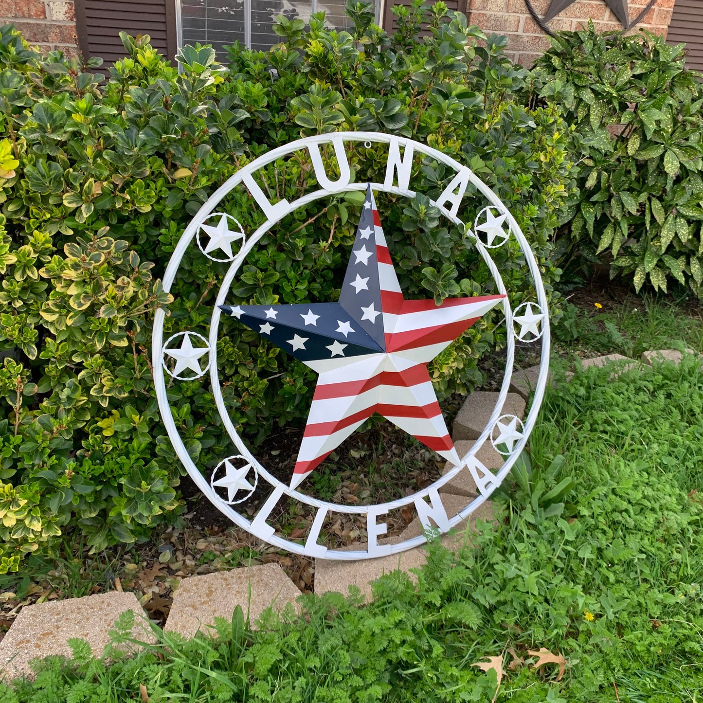 LUNA STYLE CUSTOM NAME BARN STAR METAL STAR 3d TWISTED ROPE RING WESTERN HOME DECOR USA FLAG STAR RED WHOTE & BLUE WITH WHITE RING HANDMADE 24",32",36",50"