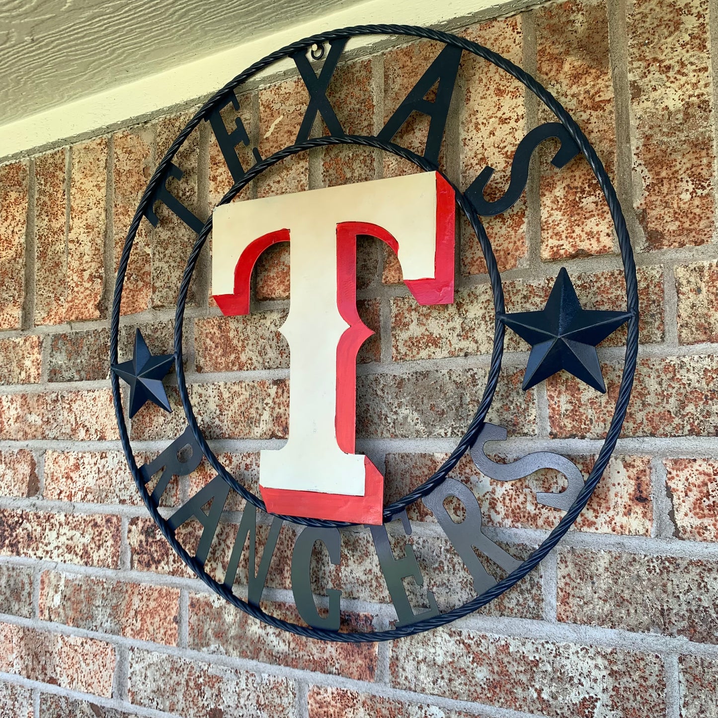 12", 18", 24", 32" TEXAS RANGERS BARN CUSTOM METAL VINTAGE CRAFT SIGN TEAM  WHITE & RED & NAVY BLUE RING & STAR HANDMADE