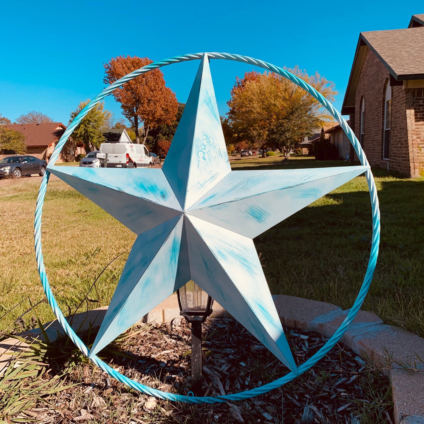 #EH11219 TURQUOISE WHITE DISTRESSED STAR TWO TONE TEXTURE BARN STAR METAL LONESTAR TWISTED ROPE RING WESTERN HOME DECOR HANDMADE NEW