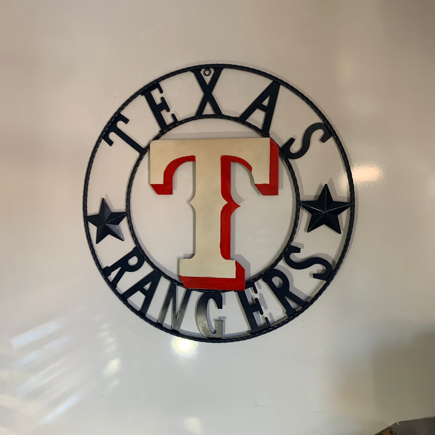 12", 18", 24", 32" TEXAS RANGERS BARN CUSTOM METAL VINTAGE CRAFT SIGN TEAM  WHITE & RED & NAVY BLUE RING & STAR HANDMADE