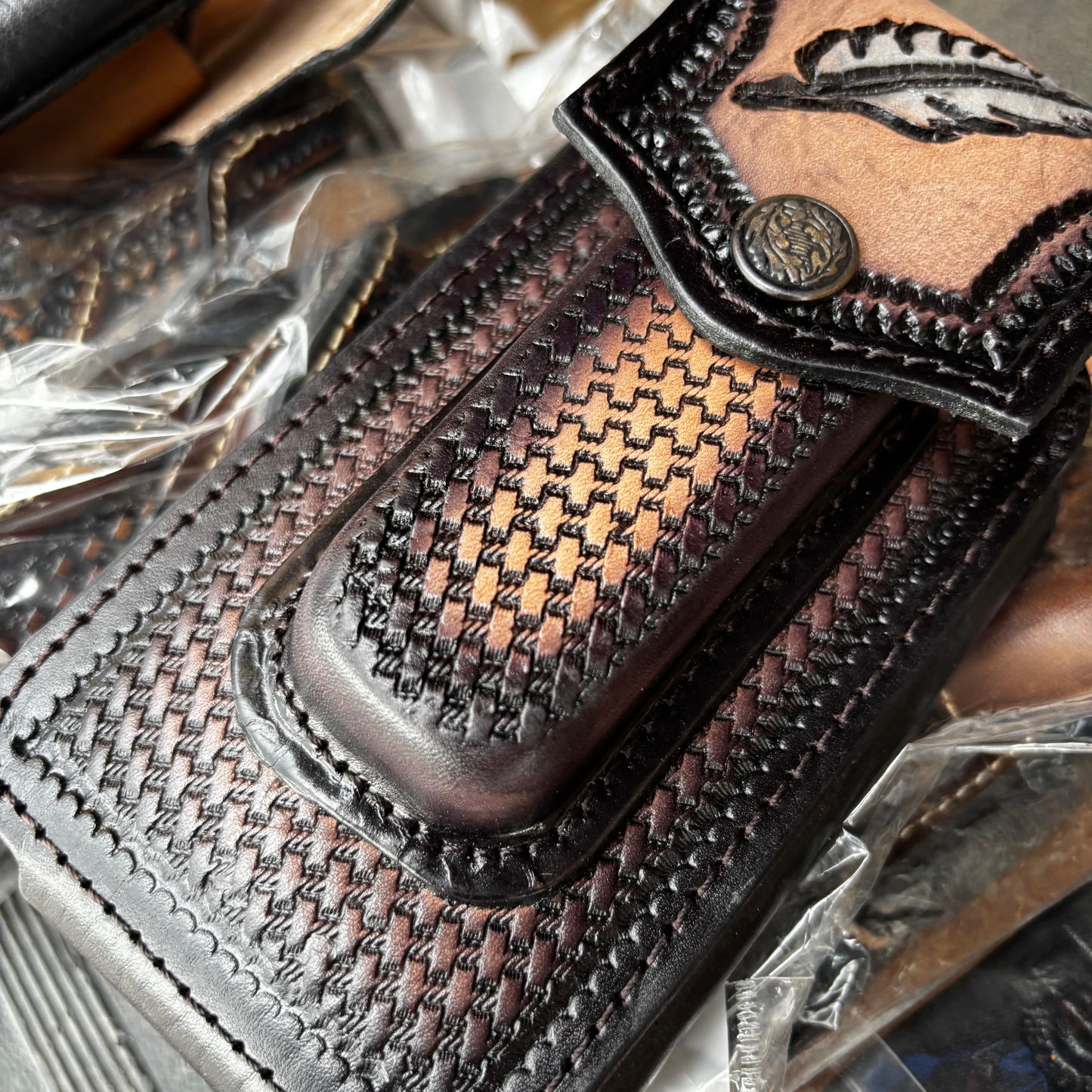 LEAF LEATHER HOLSTER 7" PHONE POUCH WITH KNIFE HOLDER FRONT EXTRA LARGE  BELT LOOP CELL PHONE CASE UNIVERSAL OVERSIZE MEXICO MADE #EH