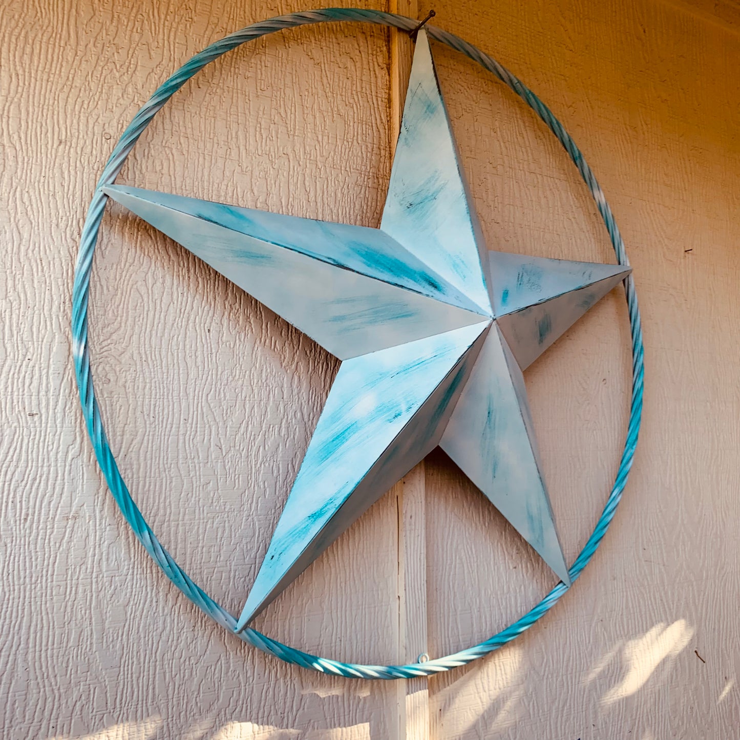 #EH11219 TURQUOISE WHITE DISTRESSED STAR TWO TONE TEXTURE BARN STAR METAL LONESTAR TWISTED ROPE RING WESTERN HOME DECOR HANDMADE NEW