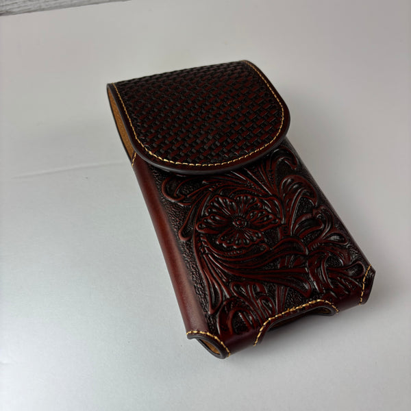 7" PLAIN FLORAL LEATHER HOLSTER BROWN STAR POUCH EXTRA LARGE  BELT LOOP CELL PHONE CASE UNIVERSAL OVERSIZE