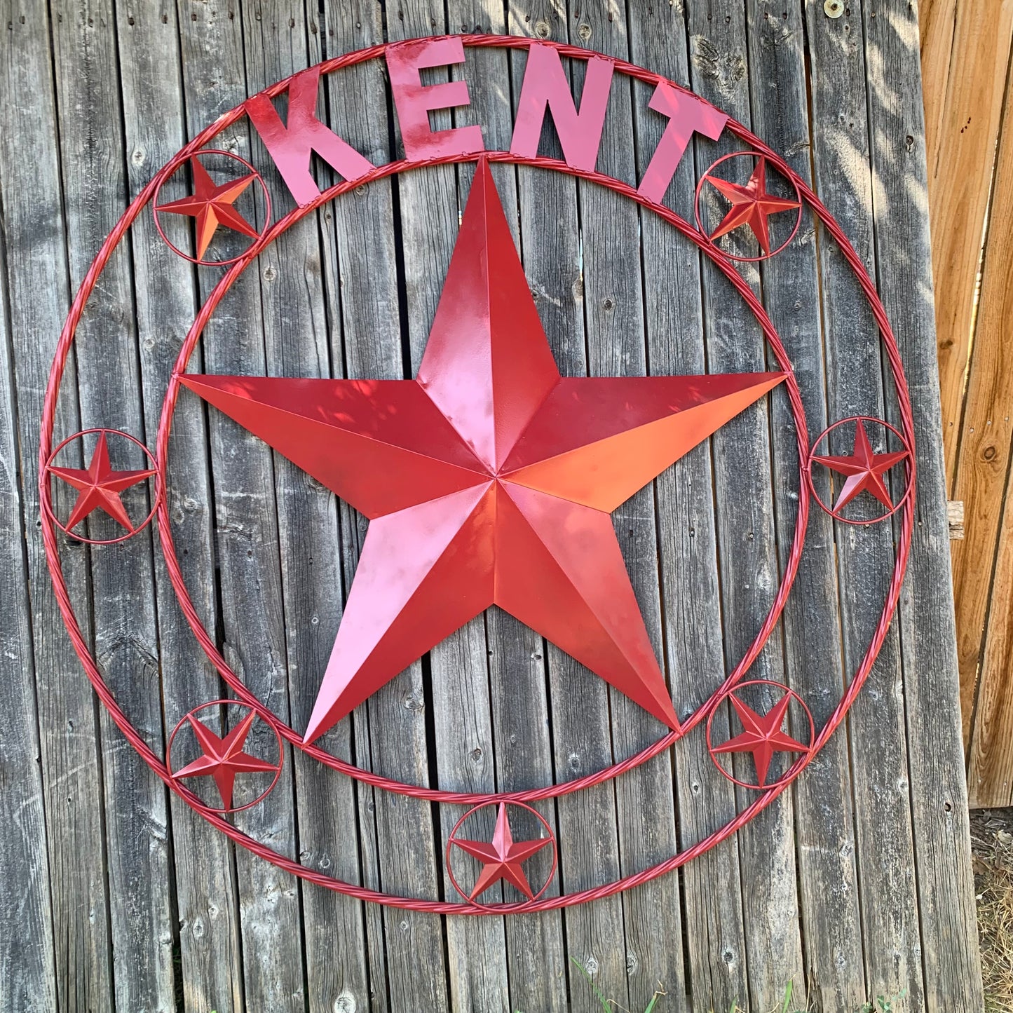 KENT STYLE YOUR CUSTOM STAR METAL NAME RUSTIC BURGUNDY RED CUSTOM 3d STAR METAL NAME BARN STAR TWISTED ROPE RING DESIGN METAL WALL ART HOME DECOR ANY SIZE