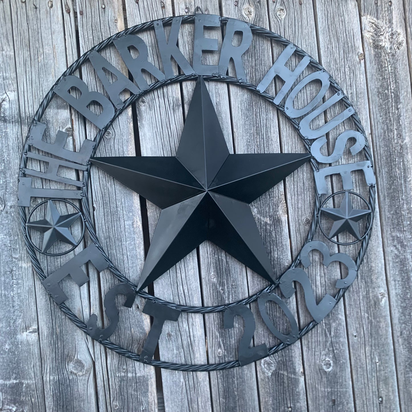 BARKER STYLE CUSTOM NAME STAR BARN METAL STAR 3d TWISTED ROPE RING LONESTAR WESTERN HOME DECOR RUSTIC BLACK HANDMADE 24",32",36",50"