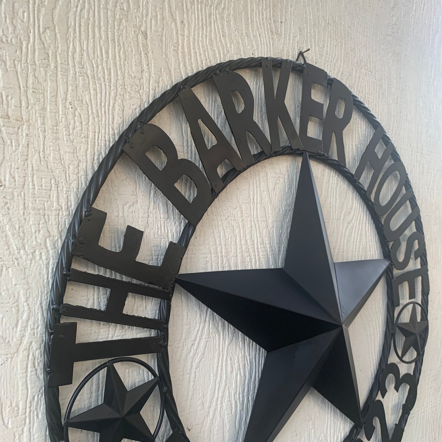 BARKER STYLE CUSTOM NAME STAR BARN METAL STAR 3d TWISTED ROPE RING LONESTAR WESTERN HOME DECOR RUSTIC BLACK HANDMADE 24",32",36",50"