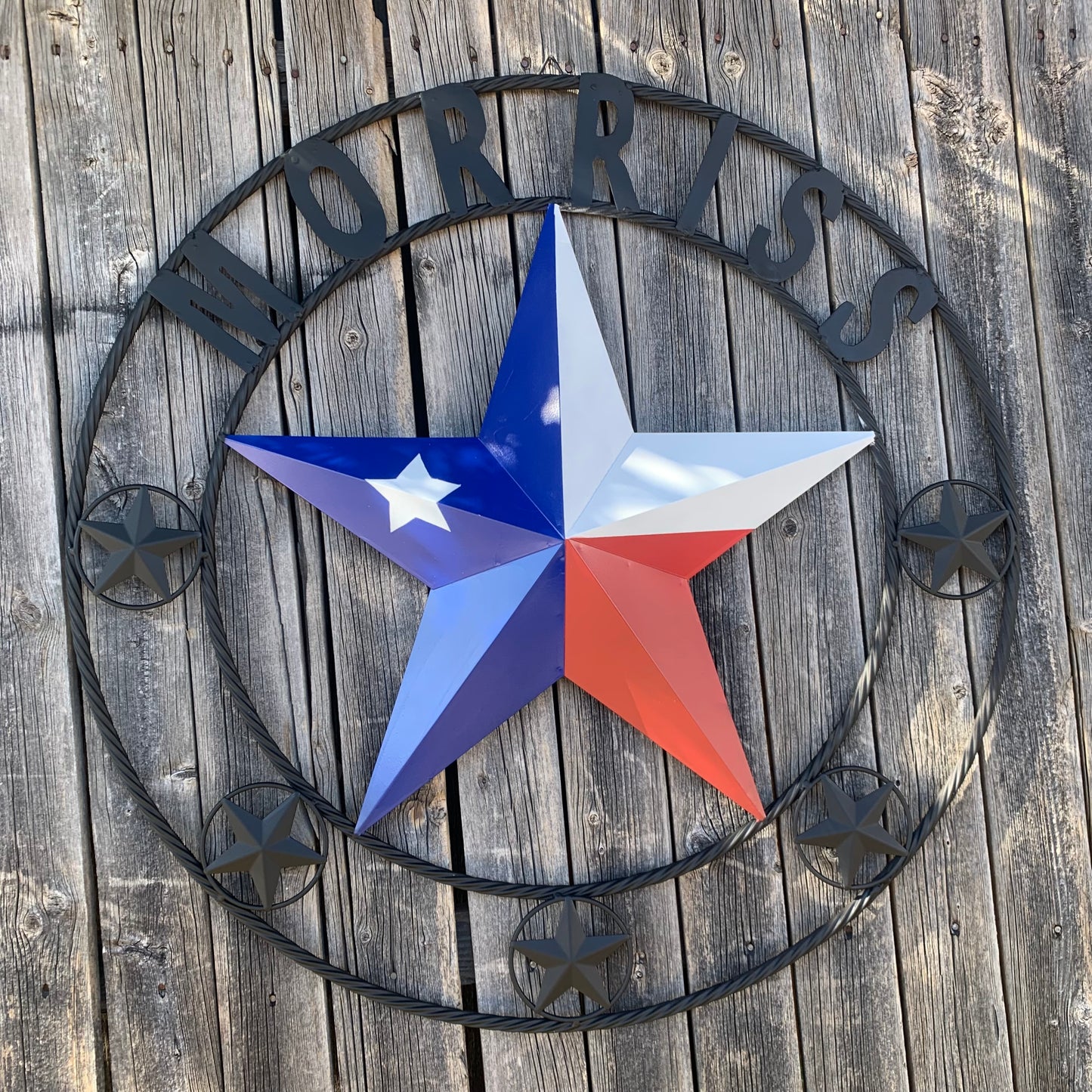 MORRISS TEXAS FLAG STYLE CUSTOM NAME STAR TWISTED ROPE BLACK RING WESTERN HOME DECOR HANDMADE