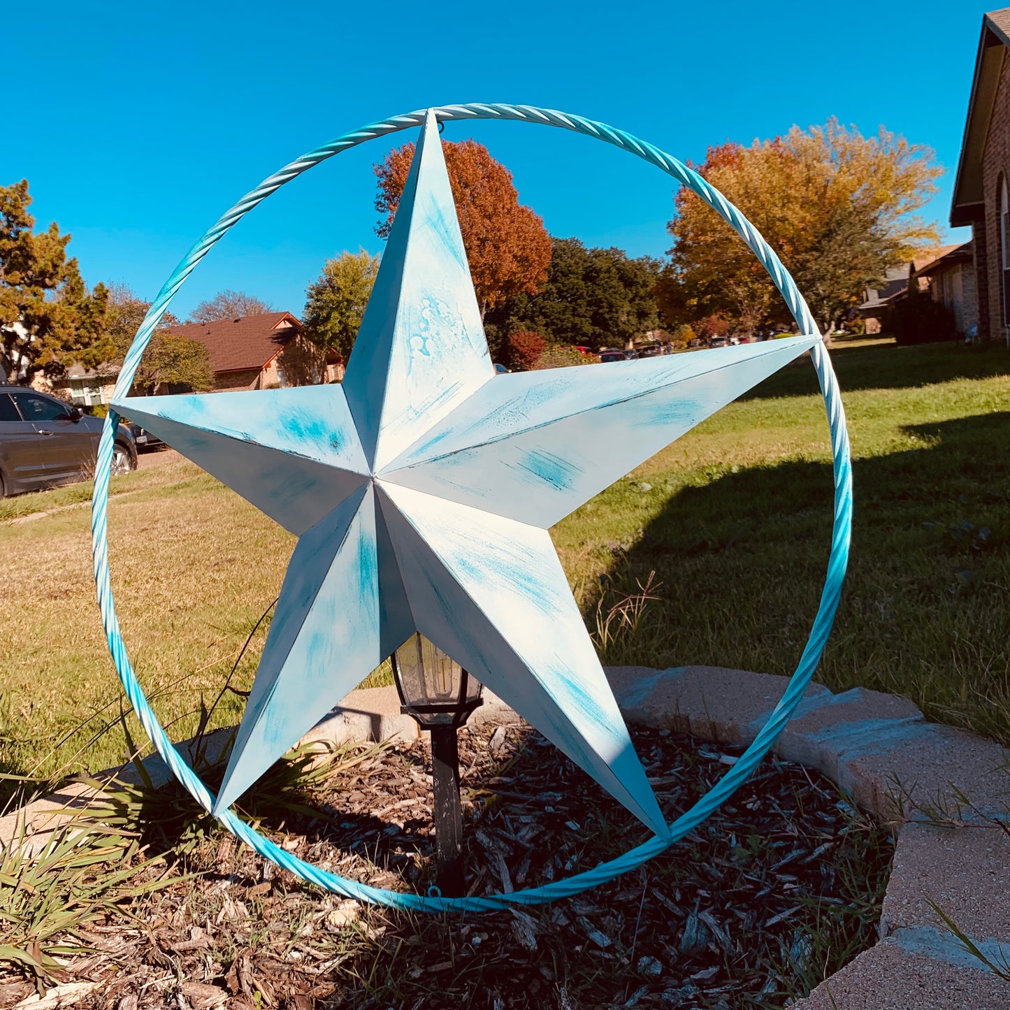 #EH11219 TURQUOISE WHITE DISTRESSED STAR TWO TONE TEXTURE BARN STAR METAL LONESTAR TWISTED ROPE RING WESTERN HOME DECOR HANDMADE NEW