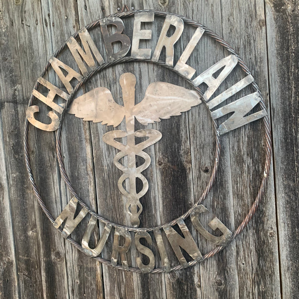 CUSTOM NAME CHAMBERLAIN NURSING STYLE TWISTIED RING BARN RUSTIC BRONZE METAL SIGN WESTERN HOME DECOR HANDMADE 24",32",36"